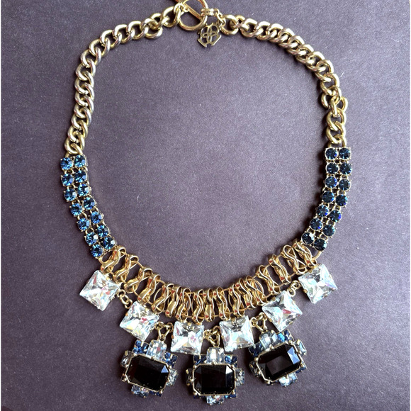 Ann Taylor Jewelry - VTG Anne Taylor Chunky Gold Tone Necklace Blue Rhinestone Bib Statement Formal